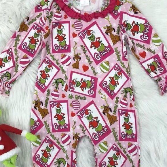Grinch Who Stole Christmas Baby Girls Pink Bamboo Romper Jumpsuit Sleeper - Picture 2 of 2
